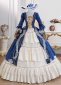 Victorian Royal Blue Rococo Ball Gown Gold Embroidered Long Lace Sleeve Floor Length Formal Princess Dress Theater Costume