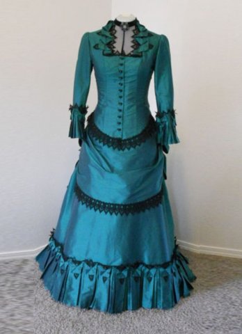 ヴィンテージ1886年代ブルーフルスリーブビクトリア朝の喧騒のドレスカーニバルボールガウン