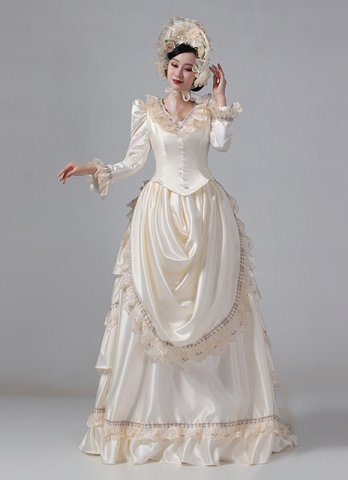 White Edwardian Victorian Bustle Satin Dresses Women Masquerade Ball Dresses