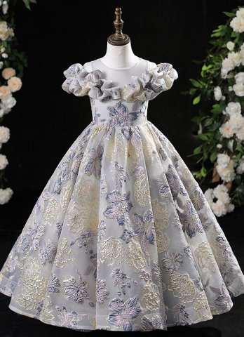 Vintage Jacquard Children Ruffle Shoulder Masquerades Christmas Party Dress