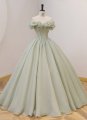 Off The Shoulder light Green Tulle Formal Dress With Flower Neck