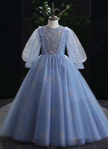 Blue Girls Sequin Mesh Thanksgiving Foraml Dress