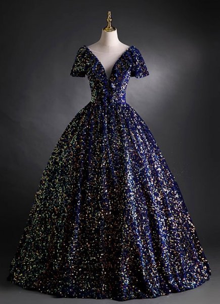 Deep V-neck Blue Sequin Velvet Evening Dress