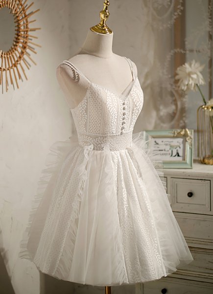 White Spaghetti Straps Lace Appliques Homecoming Dress