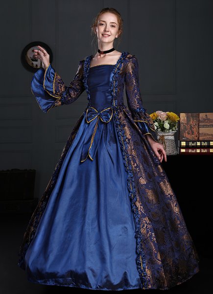 2022年ルネッサンス女性コロニアルブルーフローラルブロケードゴシックビクトリアンドレスハロウィンマスカレードボールガウンシアターコスチューム