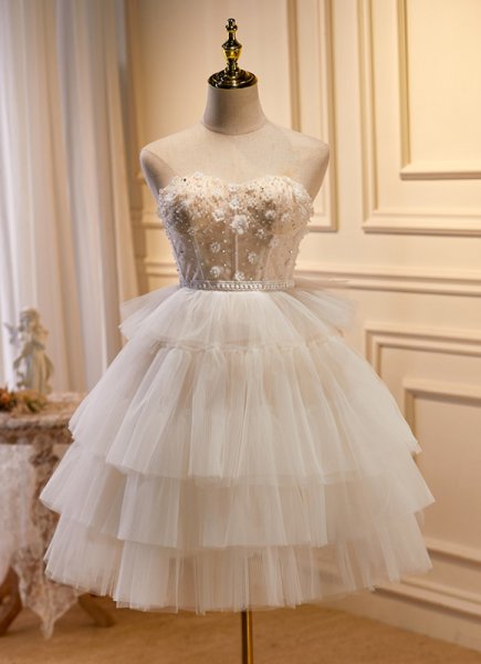 Tiered Tulle Sweetheart Corset Short Party Dress with Appliques Ruffles