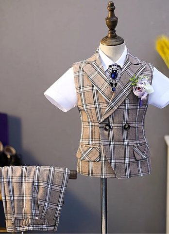 Boys 4 Piece Waistcoat Shorts Suits Kids Prom Formal Plaid Tuxedo