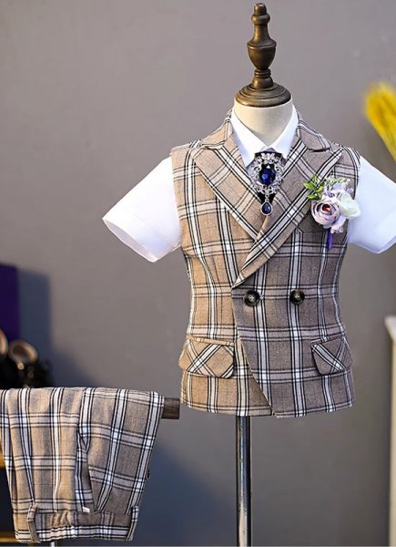 Boys 4 Piece Waistcoat Shorts Suits Kids Prom Formal Plaid Tuxedo