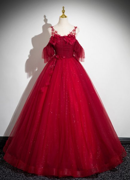 Sparkly Burgundy Tulle Appliques Sexy Spaghetti Straps Prom Dress