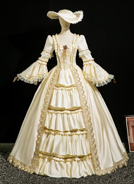 Elegant Rococo Champagne Victorian Masked Dress Bow Lace Three Quarter Sleeves Masquerade Prom Dress with Hat
