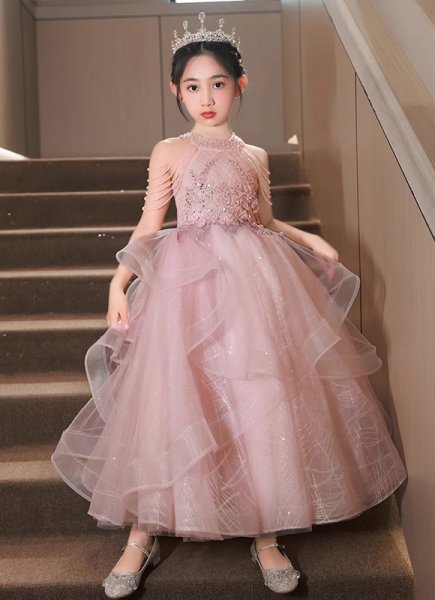 Pink Children Princess Bead Strapless Birthday Party Dress