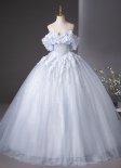 Sparkly Gray Blue Off The Shoulder A-Line Prom Dress With Applique