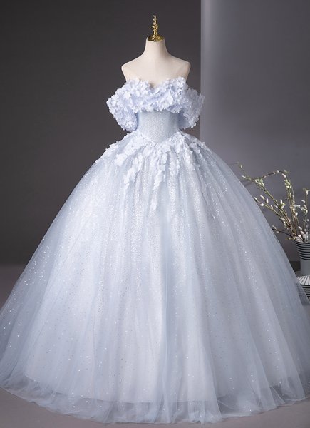 Sparkly Gray Blue Off The Shoulder A-Line Prom Dress With Applique