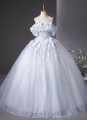 Sparkly Gray Blue Off The Shoulder A-Line Prom Dress With Applique