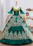 Retro Medieval Green and Black Halloween Ball Gowns Prom Dresses Lace Gold Appliques Half Sleeves U Neckline Floor Length Long Vampire Dress
