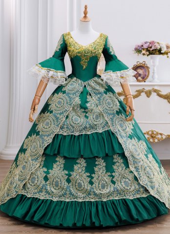 Retro Medieval Green and Black Halloween Ball Gowns Prom Dresses Lace Gold Appliques Half Sleeves U Neckline Floor Length Long Vampire Dress