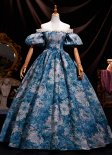 Culturedly Vintage Blue Printing Floral Prom Ball Gown Off the Shoulder Short Sleeve Floor Length Long Formal Party Dress