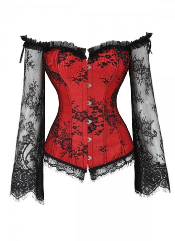 Lace Overlay Long Sleeve Red Overbust Corset Top