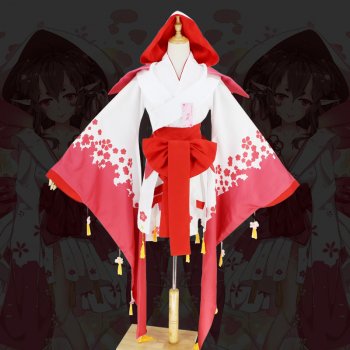 White and Pink Peach Blossom Printed Cosplay Kimono Costume