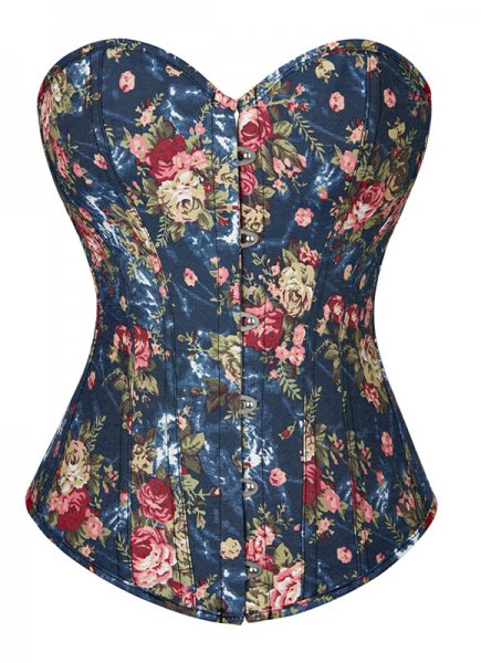 Vintage Blue Printed Overbust Corset