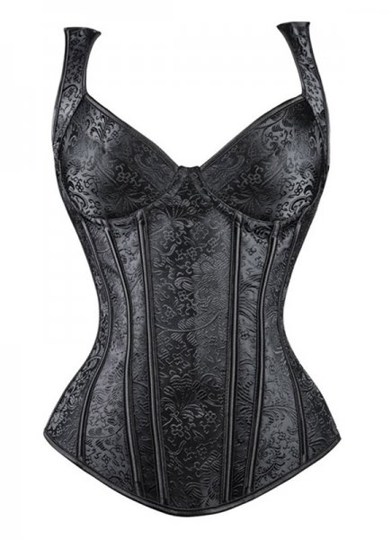 Classic Waist Taming Black Brocade Jacquard Overbust With Straps