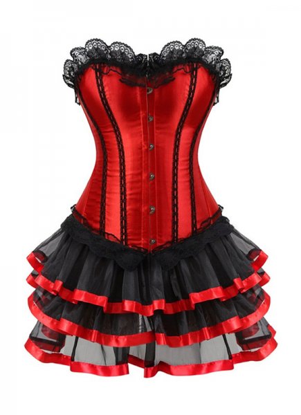 Red Satin Lace Sexy Overbust Corset And Skirt