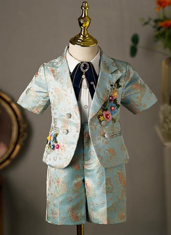 Boys Blue Floral Paisley 5 Piece Shorts Tuxedo Suit for Christening Communion & All Special Occasions