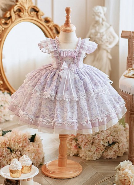 Girl Lolita Princess Puff Sleeve Purple Floral Performance Dress