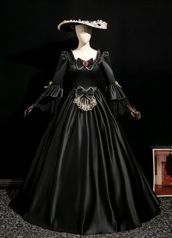 Medieval Renaissance Retro Black Masked Evening Prom Dress Bow Square Collar Long Sleeves Halloween Party Dress