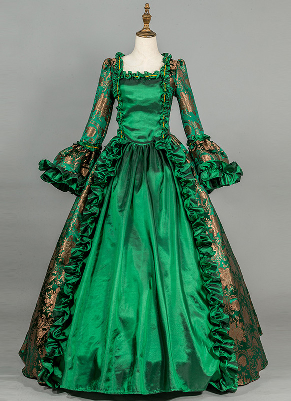 Women Green Brocade Christmas Victorian Dress Ball Gown