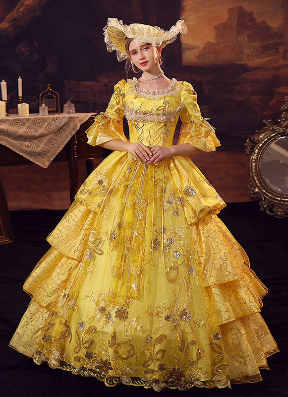 Yellow Masquerade Ball Gown Women Formal Dress Theater Clothing