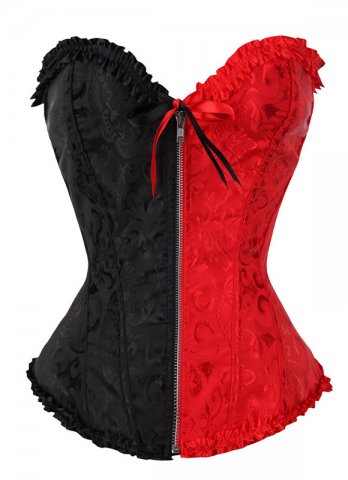 Black And Red Patchwork Brocade Jacquard Overbust Corset