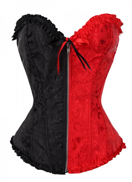 Black And Red Patchwork Brocade Jacquard Overbust Corset