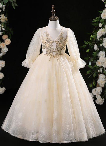 Champagne Polka Dots Tulle Long Sleeve Party Baptism Dresses