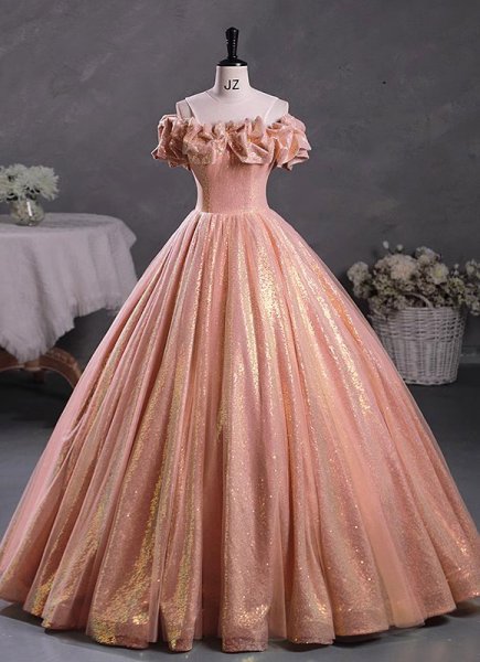 Ball Gown Off-the-Shoulder Shiny Long-Length Tulle Prom Dress