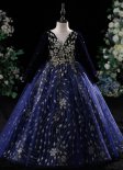 Little Girls Drke Blue Long Sleeve Velvet Tulle Formal Dress