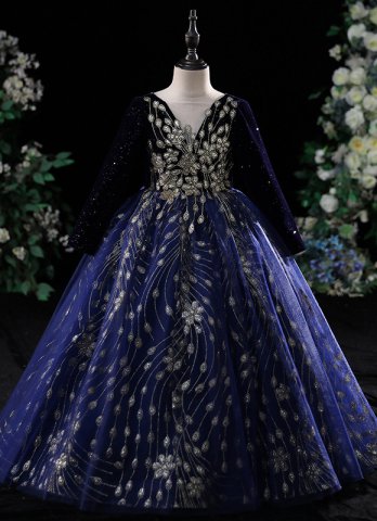 Little Girls Drke Blue Long Sleeve Velvet Tulle Formal Dress