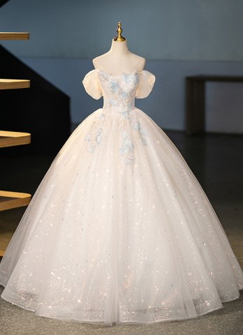 Sparkly White Floral A Line Strapless Prom Dress