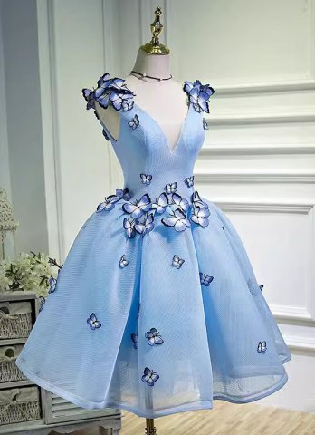 Deep V-Neck Blue Mesh Butterfly Applique Short Party Dresses