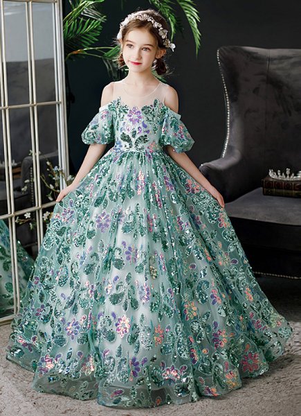 Children Green Sequin Strapless Prom Homecoming Ball Gown