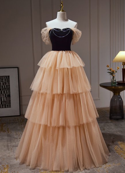 Princess Off-The-Shoulder Cascading Ruffles Prom Formal Dresses
