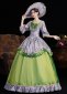 Green Yellow Gray Printed Ruffled Half Sleeves Floor Length Venice Carnival Holiday Festive Formal Dress
