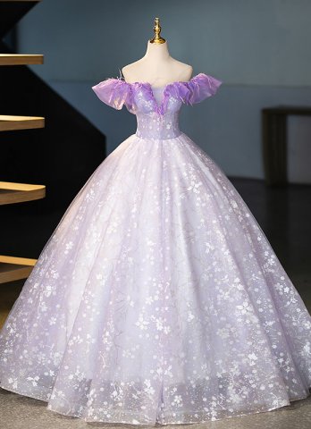 Floral Off The Shoulder Purple Corset Birthdy Party Dress with Ruffle