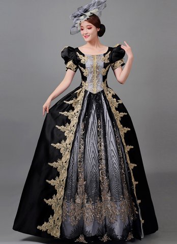 Black Blue Embroidery Glitter Party Dress Masquerade Evening Ball Dress