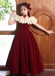 Vintage Flower Girls Burgundy Velvet Masquerades Party Dress