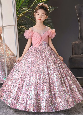 Girls Sequin Pink Mesh A-line Prom Homecoming Dresses