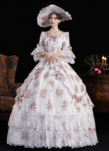 Pink and Purple Floral Lace Flower Short Flare Sleeve Floor Length Princess Masquerade Dress Venice Carnival Costume