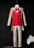 Boys Red Brocade Jacquard Formal Tuxedo Kids 4Pcs Suits Outfit For Stge Singger