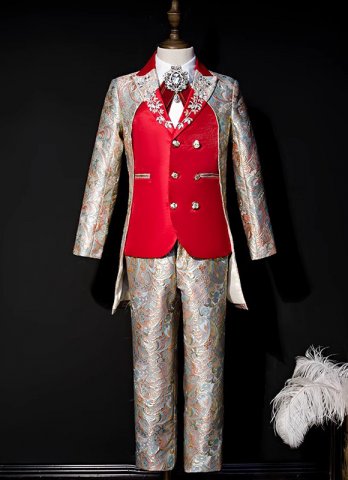 Boys Red Brocade Jacquard Formal Tuxedo Kids 4Pcs Suits Outfit For Stge Singger