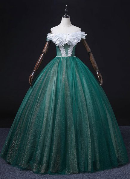 Dark Green Off Shoulder Tulle Long Evening Dress